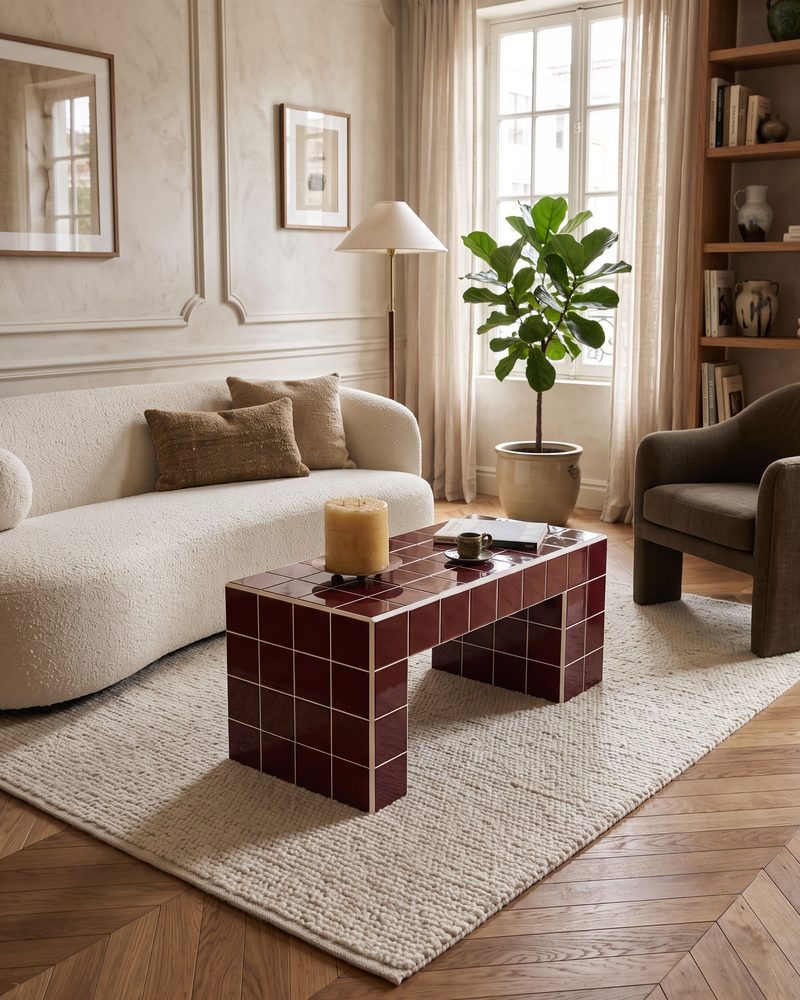 Autana Block: mesa de arco asimétrico revestida en cerámica Burdeos brillante con careteo blanco, como mesa de centro en una sala