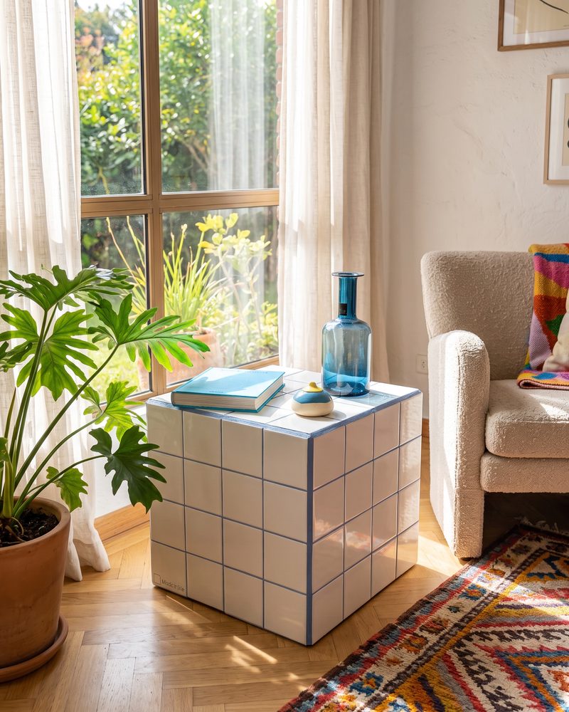 Roraima Block, cubo revestido en cerámica blanca con careteo azul, como mesa auxiliar junto a una ventana